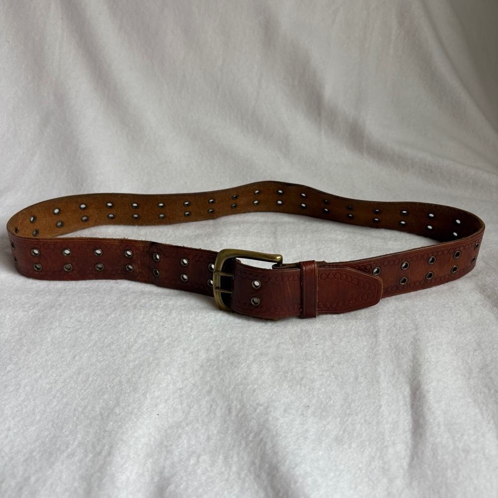 Vintage Brown Leather Double Grommet Belt Brass Double Prong Buckle Embossed